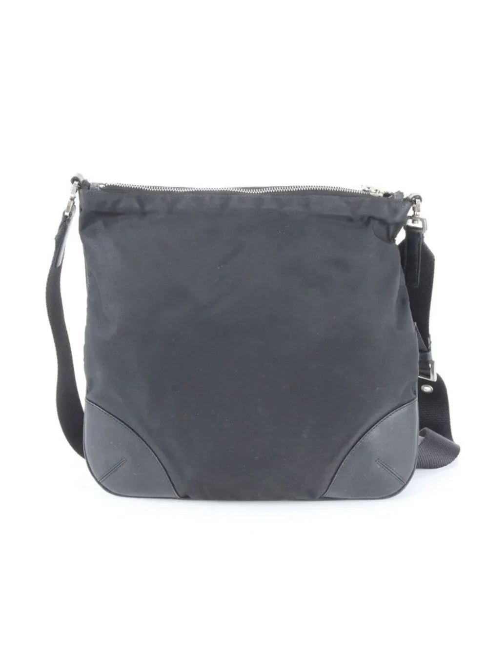 Prada Tessuto Nylon Triangle Logo Leather Shoulder Bag Crossbody Messenger Black